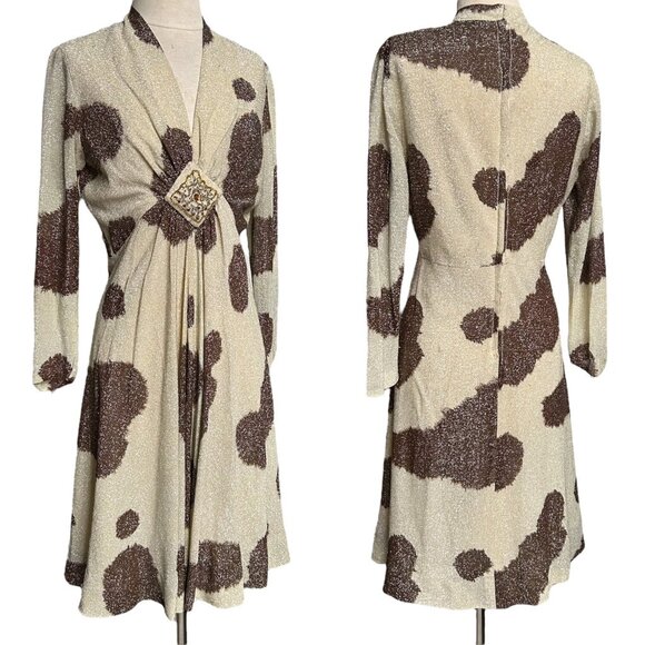 70s vintage metallic midi dress animal cow print beaded v-neck long sleeve. - Picture 5 of 12
